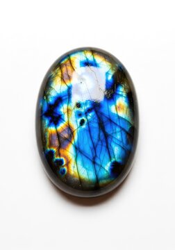 A polished iridescent labradorite gemstone displays a brilliant play of blue and gold colors, isolated against a clean white background, labradorescence, brilliance, gold