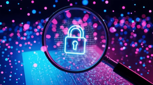 Cybersecurity concept showing digital lock and binary code