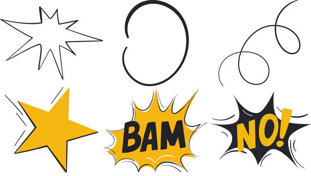 Comic book speech bubbles and explosion bursts, retro pop art design elements, hand drawn cartoon sound effects