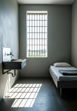 A stark, minimalist prison cell interior featuring a basic bed, a stainless steel sink, and a high barred window letting in natural light, industrial, interior, jail