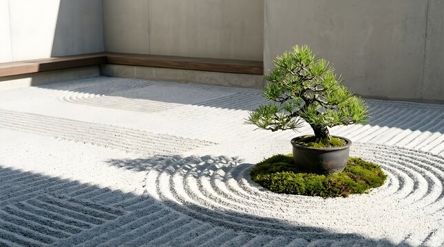 Small green bonsai tree in a Japanese raked sand zen garden courtyard