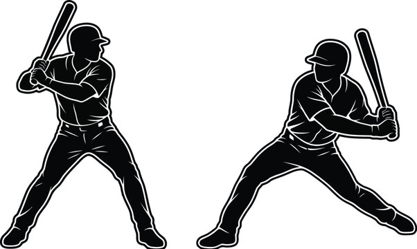 Baseball batter batting stance silhouette black vector icon duo set