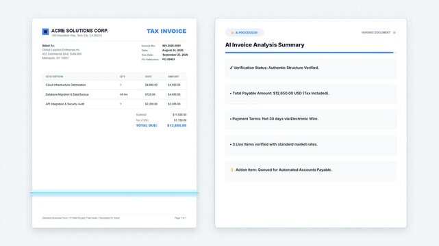 AI Invoice Analysis: Automated document scanning interface parsing tax invoice data into bullet points. Machine learning finance tool processing business receipt metrics, modern UI design concept.