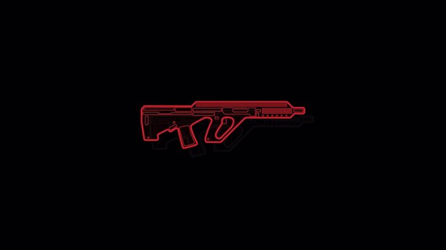 Abstract red neon outline of a tactical assault rifle against a dark black background.