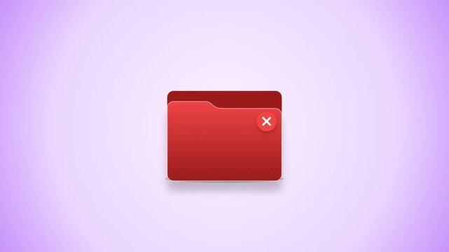 Folder Error Icon: Soft red folder icon with a white cross error sign bouncing on a purple background. Minimalist digital file status symbol depicting restricted access or missing data animation.