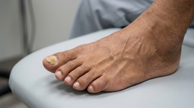 Close up of an elderly person foot resting on a medical examination table