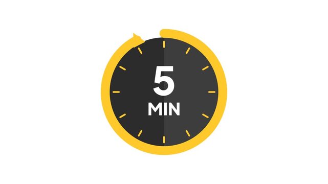 5 minute countdown timer graphic. Animated yellow circular progress bar filling up on white background. Motion clock illustration for productivity and timing.