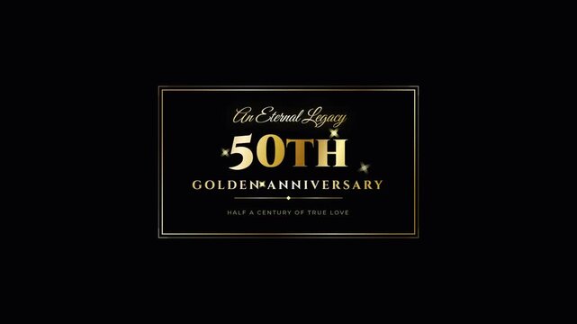 50th golden anniversary typography inside elegant frame. Glowing stars and luxury golden text animation on black background. Anniversary celebration backdrop.