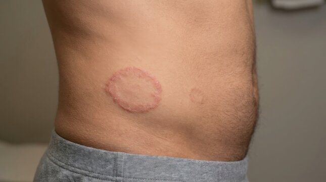 Close up view of a ringworm fungal skin infection on a human abdomen