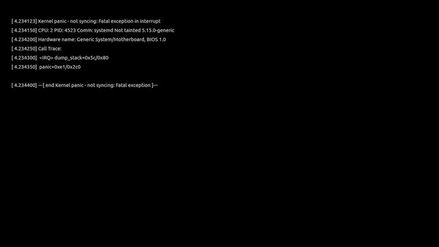 Kernel Panic Crash: System error dialog windows rapidly multiplying across the screen before crashing to a terminal black screen with fatal kernel panic text, system failure concept animation.