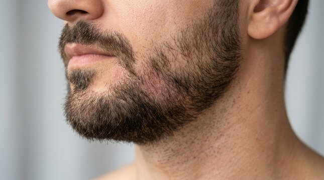 Close up of a man with a groomed beard and stubble on his face