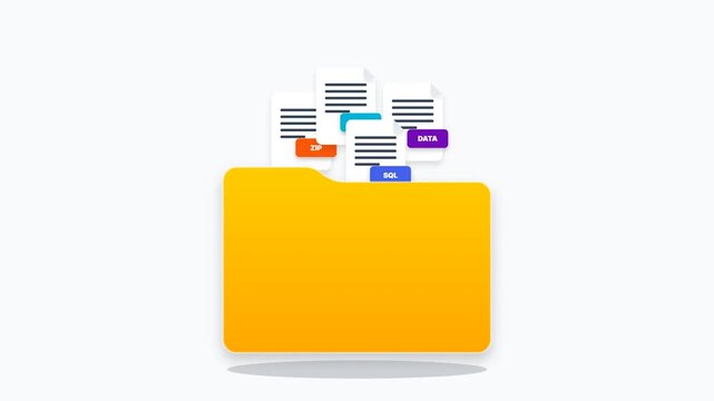 Yellow folder with document extension labels. Animated graphic showing digital file management, cloud storage, and database organization. Motion graphic snippet on white background.