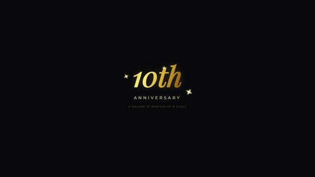 10th anniversary gold typography with glowing stars. Elegant luxury lettering animation on dark background. Celebration event banner motion graphic.