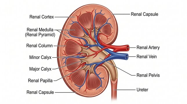Detailed labeled diagram of human kidney anatomy showing renal cortex medulla