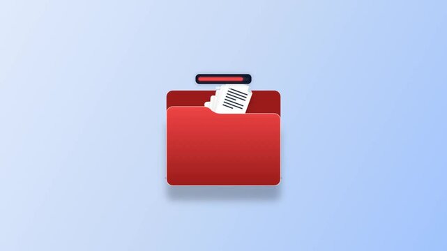 Red Document Case Folder Icon Ejecting Files Continuously. Red file case folder icon automatically sliding out document sheets: office data processing, document management, and archiving animation