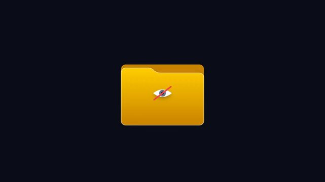 Yellow Folder Icon with Animated Eye Toggle Showing and Hiding Hidden Content. Folder icon with toggling eye visibility symbol: privacy setting animation showing hidden files and data access control