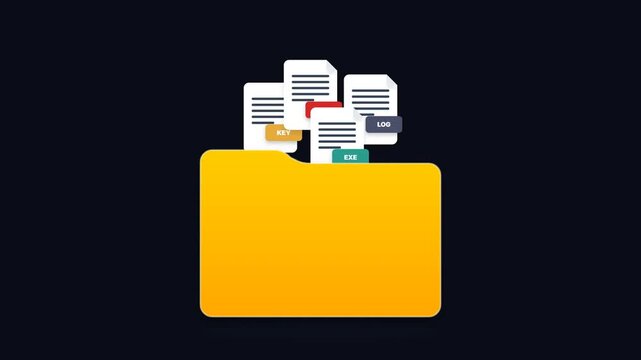 Folder Icon Outputting Multiple File Types Lock Key Log Exe Documents. Animated yellow folder icon ejecting various file extension documents: digital file management and computer data storage concept