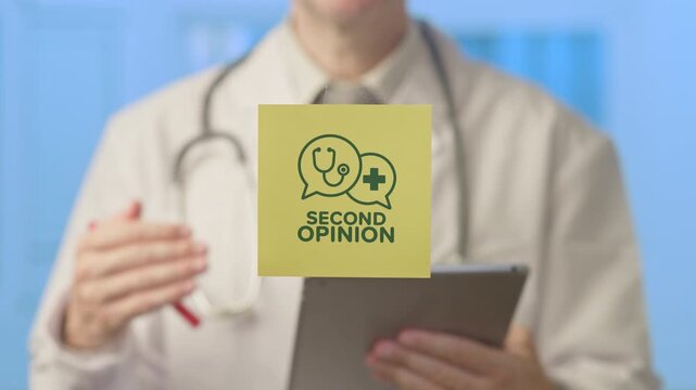 Medical professional in a white coat with a stethoscope holding a tablet and explaining the importance of a second opinion, a crucial step in patient diagnosis and determining a care plan