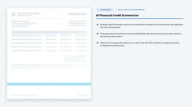 AI Financial Credit Summarizer UI: Automated Underwriter Scanning Document with Laser Line Animation, Light Fintech Interface