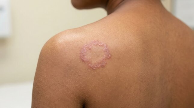 Close up of a ringworm fungal skin infection on the shoulder of a person