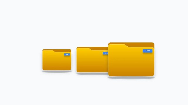 Yellow File Storage Folders Array: Dynamic Data Directory and File Size Management Concept Animation, Tech Interface UI
