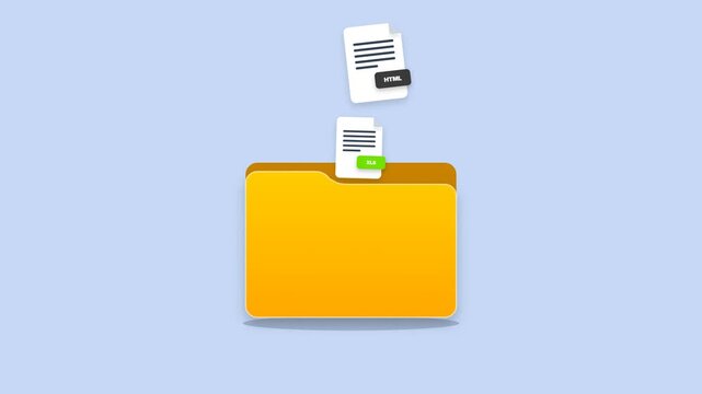 Multiple File Formats Floating into Yellow Computer Folder Icon. PDF and HTML file upload animation for multi-format document management systems and digital file organization.