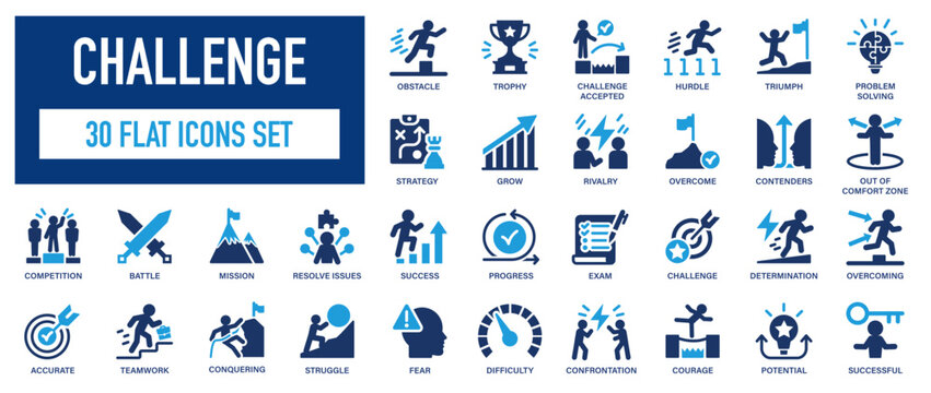 Challenge icons set. 30 business, competition, and goal-oriented symbols. Blue flat vector signs