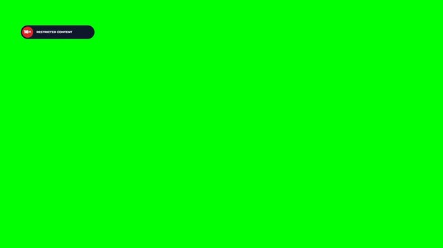 Restricted Content 18+ Warning Badge. Animated dark UI tag with red 18+ age limit icon on green screen chroma key background. Overlay element for age restriction, adult content, and compliance UI.