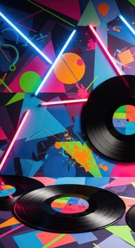 Artistic composition of retro vinyl records layered over a colorful collage of geometric shapes, paint splatters, and neon background elements, artistic, audio, patterns