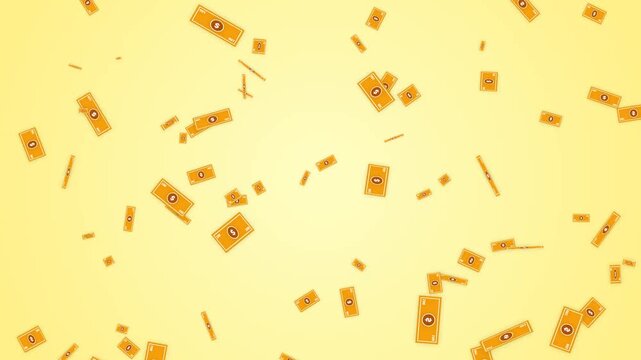 Dollar cash banknotes falling down endlessly on light yellow background. Financial rain, wealth, success, bonus, and currency motion graphics animation.