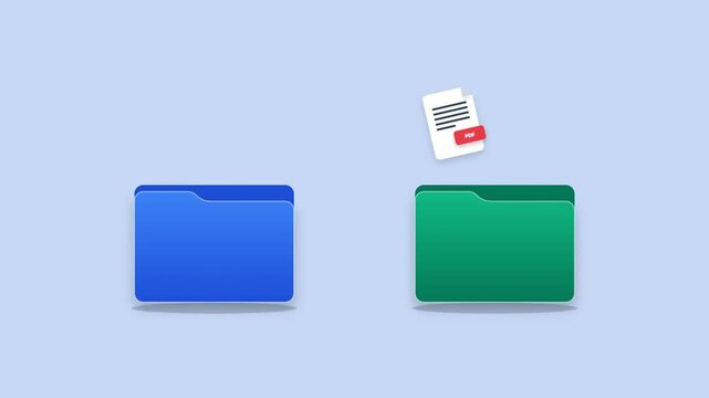 PDF document file transferring between blue and green computer folders. File transfer motion graphics animation for data backup and document sharing.