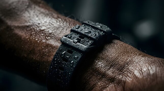 Wet black sport watch band on athletic arm after intense gym workout