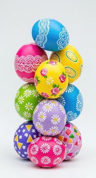 Decorative stack of brightly colored Easter eggs featuring intricate artistic patterns and floral designs for a festive spring atmosphere, creative, traditional, spring