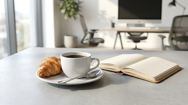 Fresh coffee cup and tasty croissant with an open notebook on a table in a modern bright home office roomkaffe pause 