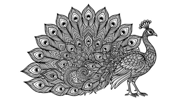 Ornamental Peacock Coloring Page With Mandala Pattern Feathers Zentangle Style Bird Line Art Vector Illustration Design