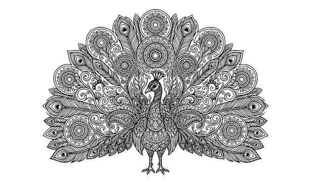 Symmetrical Peacock Coloring Page With Floral Mandala Feathers And Paisley Pattern Zentangle Vector Illustration Design