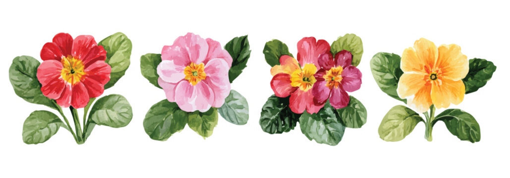 Design of a beautiful primrose flower set painting. Hand-painted style, vectorized, vector set available in EPS. Simple Hand-painted watercolor style. Hand-painted watercolor style, vectorized
