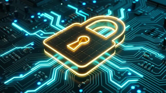 Glowing padlock cybersecurity icon on a circuit board