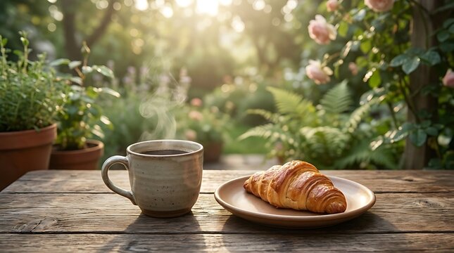 Fresh croissant and a hot cup of coffee on a wooden table in a sunny garden during a peaceful morning. kaffe pause