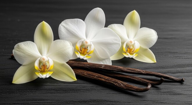 Elegant white vanilla orchid blossoms paired with dark aromatic pods lying on a textured ebony wooden surface, perfect for food concepts, seeds, timber, brown