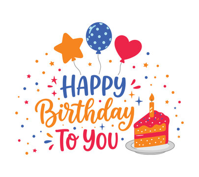 Happy Birthday Greeting with Cake and Balloons Illustration