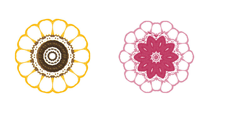 Cinco mandalas florales de l&iacute;neas en diferentes colores formando patrones geom&eacute;tricos tipo flor sobre fondo blanco