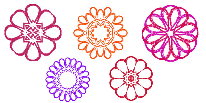 Cinco mandalas florales de l&iacute;neas en diferentes colores formando patrones geom&eacute;tricos tipo flor sobre fondo blanco