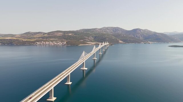 Aerial view of the impressive Pelje&scaron;ac Bridge, connecting mainland Croatia with the Pelje&scaron;ac Peninsula across the Adriatic Sea.