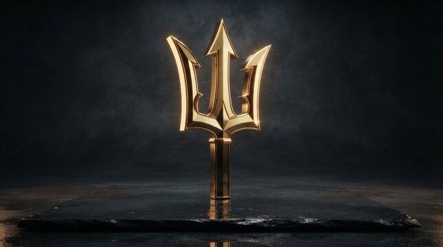 Striking golden trident 3D render with dramatic lighting perfect for fantasy branding logos corporate marketing banners and premium backdrop designs.