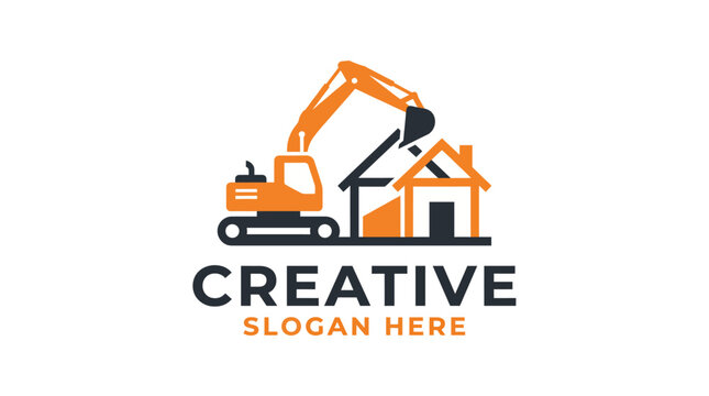 This construction logo features an excavator working on a house, combining elements of creativity and industry for businesses in construction or home improvement sectors.