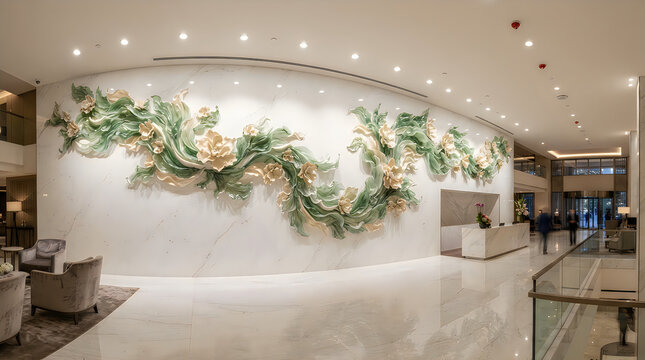 Modern abstract metal wall sculpture in a bright hotel lobby interior
