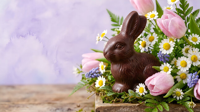Dark chocolate easter bunny sitting in a beautiful flower bouquet with pink tulips and daisies