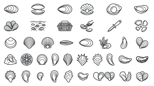 Seafood oysters and pearls doodle icons set vector illustration with sea life