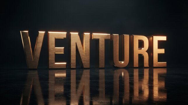Stunning golden 3D render text spelling venture perfect for business branding marketing logos website banners corporate presentations.
